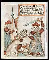 Der nordische Gott Tyr verliert seine Hand an den gefesselten Wolf Fenrir